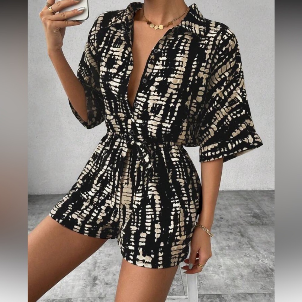 Chiquease Printed Batwing Sleeve Tied Collar Jumpsuit For Women